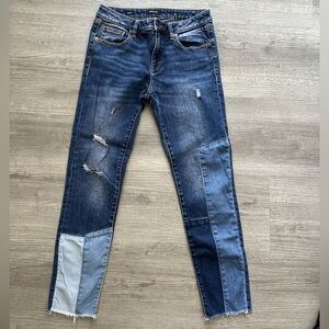 Miss Me Blue Patchwork Skinny Jeans Sz 27 cropped distressed